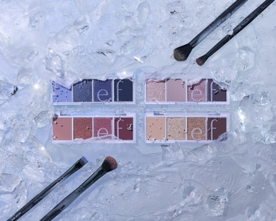 Still Life of Holiday Best Sellers - Bite Size Eyeshadow in Acai You (29927), Rose Water (29924), Berry Bad (29922), Cream & Sugar (29921) with Fluffy Eye Blender Brush (85102), Detail Crease Brush (85103), Flat Eyeliner Brush (84023), & Blending Brush (84020)