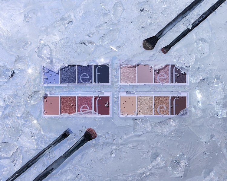 Still Life of Holiday Best Sellers - Bite Size Eyeshadow in Acai You (29927), Rose Water (29924), Berry Bad (29922), Cream & Sugar (29921) with Fluffy Eye Blender Brush (85102), Detail Crease Brush (85103), Flat Eyeliner Brush (84023), & Blending Brush (84020)
